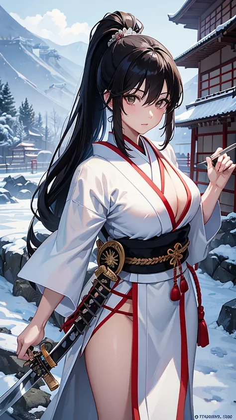 anime,３５Year-old beauty、 alone,  Black Hair, ponytail、Dark brown eyes, model,  (Perfect Anatomy, Anatomically correct, Highly detailed skin), E Cup,  Fantasy, Snowstorm、White costume、(Japanese sword:1.4), Riverside、Beautiful Landscape