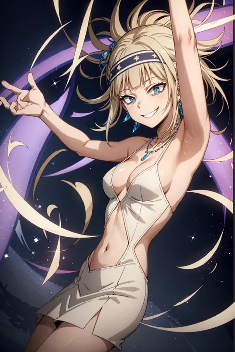 masterpiece, highres, best quality, absurdres, official, 1girl, solo, headband, long hair, (whore outfits), casino, bodycon, metallic dress, miniskirt, necklace, earring, navel, face focus, naughty smile, sagging breasts, shiny skin