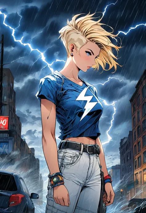 Young girl short hair, Blonde,Short female hairstyle with shaved sides , Iris, He has a lightning tattoo on his right arm., Black Thunder Tattoo, White Tank Shirt Shirt, Black Letter Pants, In the city, In the Storm, night, Thunder in the sky, 4K, Detailed...