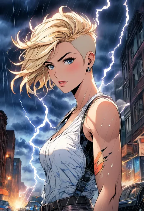 Young girl short hair, Blonde,Short female hairstyle with shaved sides , Iris, He has a lightning tattoo on his right arm., Black Thunder Tattoo, White Tank Shirt Shirt, Black Letter Pants, In the city, In the Storm, night, Thunder in the sky, 4K, Detailed...