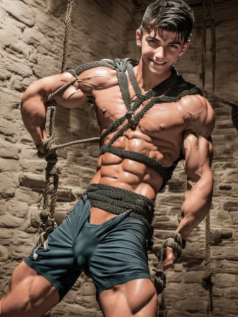  (((19 year old Boy, skinny, lean))), smiling (((wearing gym shorts))) biceps flexed, kneeling, ((((Trussed up completely with rope)))), ((((very tight rope crossed over chest)))),(((body in tight shibari ropes))) sweating, wet skin, in a dungeon with cand...