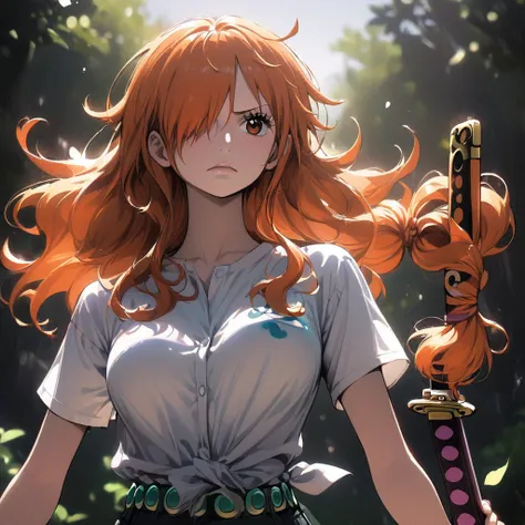 masterpiece, best quality), intricate details, 1 girl, woman, orange hair, nami \ (one piece\), (long hair), shirt, ((white shir...