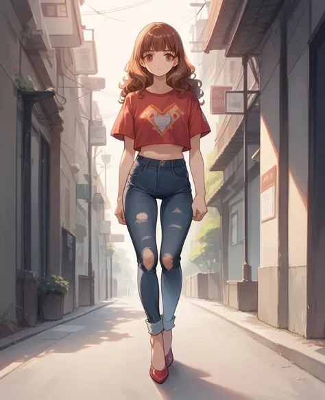 photo realism anime style Yusuke murata art with a big wolf at his side Goddess phoenix girl chunli + Sakura broad shoulders with cropped wavy hair v-cut dress v-cut ripped jeans wearing high heels walking on a dark gloomy street scared style photo realism...