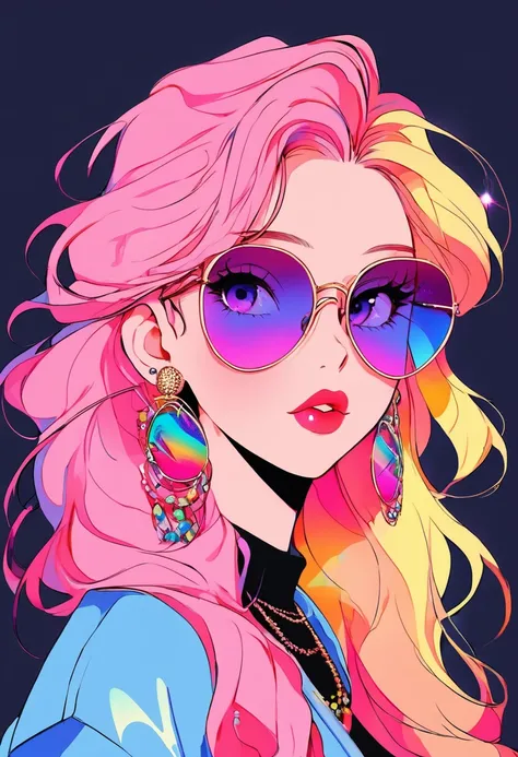 Rainbow Style, One girl, alone, Long Hair, Big round sunglasses on the head, View your viewers, Glowing eyes background, jewelry, Mouth closed, Happy, Jacket, Upper Body, Pink Hair, Earrings, Pink Eyes, necklace, From the side, sweater, lips, eyelash, comp...