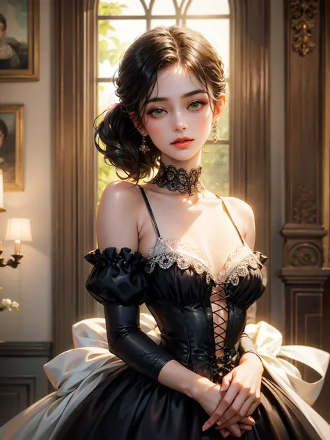 A girl, chignon black hair, small breast, green eyes. She wears a low-cut dress. She wears a pink dress from the Victorian era. Beautiful girl, detailed eyes, detailed face, detailed hands. She looks at the viewer. She has her hands down in front of her. F...