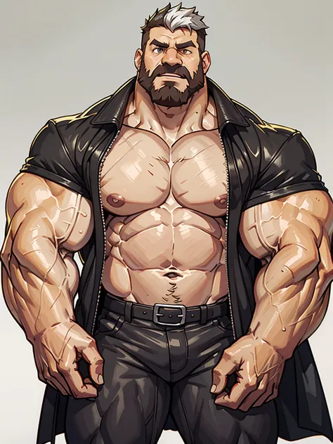 animestyle, solo, 1boy, perfect anatomy, perfect proportion. Huge Muscular Old man  wearing black leather jacket, open jacket, black pants, view from side, pectoral, thick arms, huge pectoral, wide pectoral, short white hair, red beard and hair, simple bac...