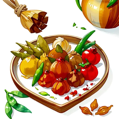 (masterpiece)), ((best quality:1.2)), ((watercolor)), ((vibrant color))), ((minimalist)), surrounded with ((negative space)), ((solid white background)), a wooden tray full of a lot of spices in many different type of container and small jar, cooking spice...