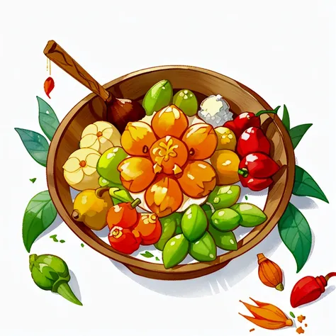 (masterpiece)), ((best quality:1.2)), ((watercolor)), ((vibrant color))), ((minimalist)), surrounded with ((negative space)), ((solid white background)), a wooden tray full of a lot of spices in many different type of container and small jar, cooking spice...