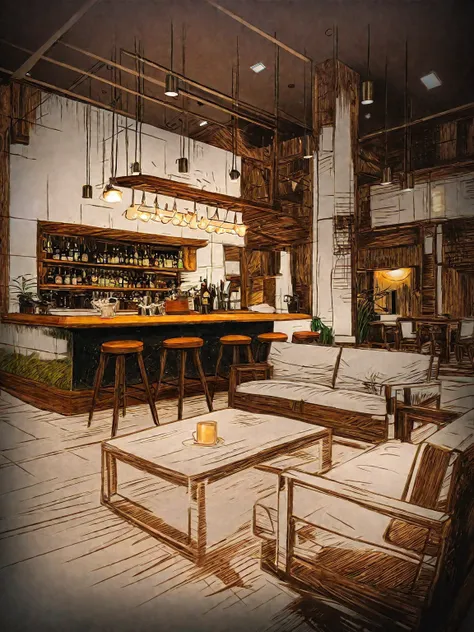 Vintage-style bar, rustic wooden furniture, antique pendant lights, dim lighting, cozy ambiance, aged wood, warm glow, vintage decor, intimate, nostalgic