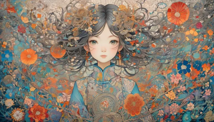 One girl, Japan, They are, (art:Hiroshi Yoshida )   Super detailed, beautifully、aesthetic, 
masterpiece, Highest quality, Realistic, zenTangle, Mandala, Tangle, enTangle, フラクタルart, Very detailed, Dynamic Angle, The most beautiful form of chaos, elegant, Br...