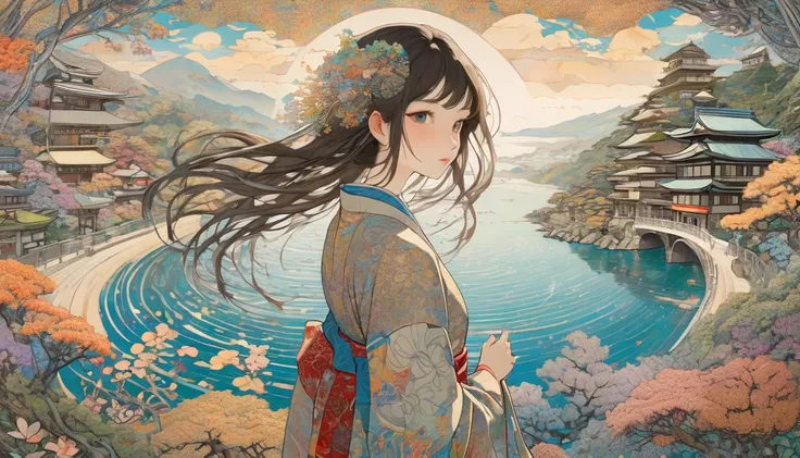 One girl, Japan, They are, (art:Hiroshi Yoshida )   Super detailed, beautifully、aesthetic, 
masterpiece, Highest quality, Realistic, zenTangle, Mandala, Tangle, enTangle, フラクタルart, Very detailed, Dynamic Angle, The most beautiful form of chaos, elegant, Br...