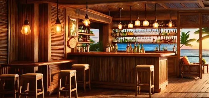 High-quality, photorealistic image of a tropical-style bar, featuring wooden furniture, vintage hanging lights, beautiful lighting, sunset ambiance.