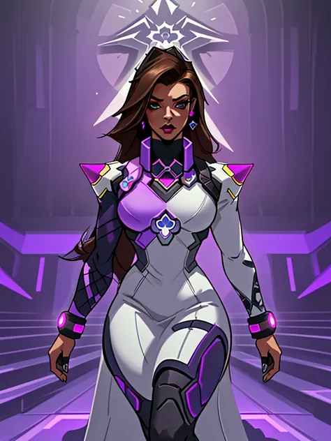 a beautiful detailed female character,overwatch sombra ,dark purple tones,brunette,beautiful detailed makeup,elegant dress,futuristic technology,futuristic church interior,masterpiece,photorealistic,high resolution,8k,best quality,cinematic lighting,dramat...