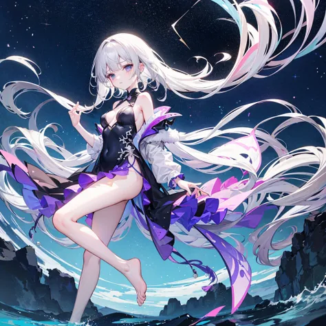 Lilac gradient hair,Asymmetrical hair,（（Hair is very thick 1.8，Hair is well-defined1.6））， Hair over the shoulder, messy  hair, Very long hair, shinny hair，(Long gray hair:1.2),A beautyful girl，（Luxurious Platinum Mini Lolita，Made of transparent material），（...