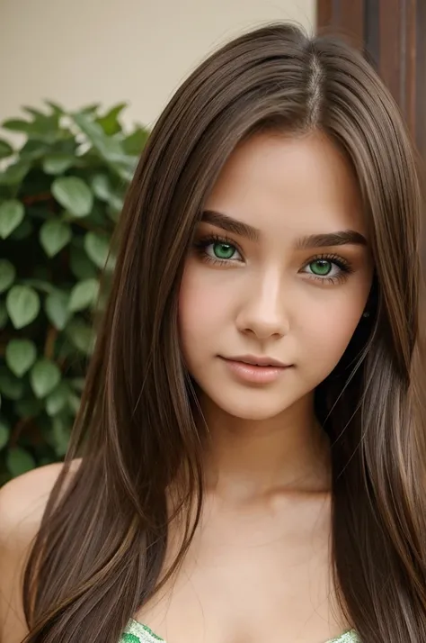 Young woman 19 years old brown straight hair, green eyes. She wear a sexy clothes