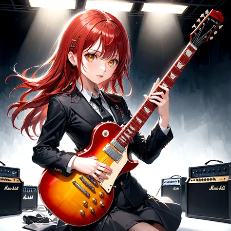 6 strings、There are six pegs、high school girl、Electric guitar、Les Paul in black、Red Hair