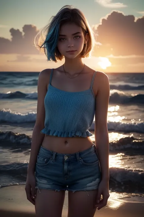 1 girl, short hair with blue highlights, standing alone, blue colored eyes, skin fair, perfectbody, shorts e Top florido, looking at the calm sea, sunset, drlight smile, Hyper-Realism, high resolution