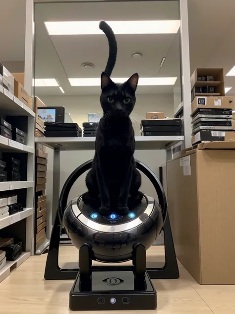 A shiny new ai cat sitting on a store shelf , surrounded by other high-tech gadgets.