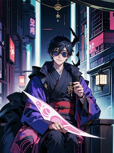 male、dark、front、kimono、cyber punk、sunglasses、smile、One person、Throne、Japanese