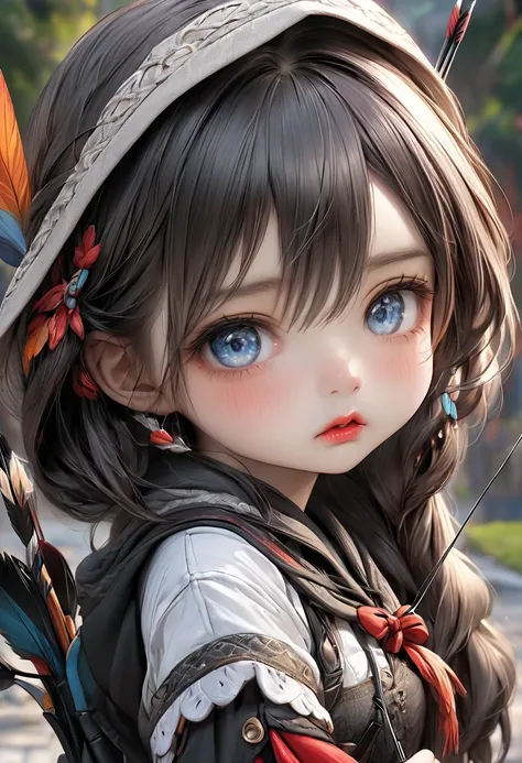 archer,  girl(chibi:1.2), panicked face, detailed eyes, detailed lips, beautiful detailed face, longeyelashes, holding bow:1.3, An arrow that failed and bent:1.2, wavey mouth:1.4, detailed clothing, detailed background, (best quality,4k,8k,highres,masterpi...