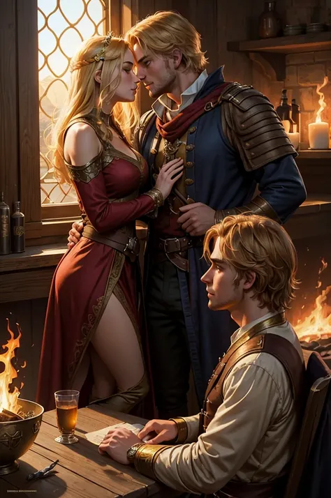 Two person 1 Luke Eisner is a prince who has golden blond hair, wears a medieval military outfit and is in love with the commoner 2 Lily Collins, who has curly blonde hair and wears a modern red dress, the two kiss very affectionately, illustration of a ro...