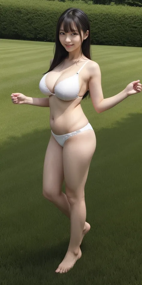 Full body standing upright on grass barefoot、Shortcuts、cute、20-year-old、Japanese、Big Boobs、White underwear、A little plump