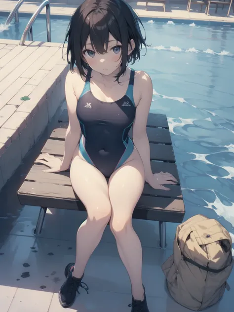 ultra-Top-quality by art God, ultra-detailed, high resolution, shinkai makoto style, anime moe artstyle, best anime 8k konachan wallpaper, pixiv contest winner, perfect anatomy, break,(Please draw a picture of a girl in a swimsuit sitting sleepily on a ben...