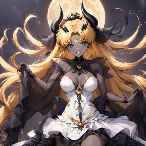 ((Highest quality)), ((masterpiece)), (detailed), （Perfect Face）、The woman is the bride of the Demon King, the Dark Queen of the Black Moon of the Black Moon Clan, the Demon Queen Black Serenity, and the woman is the jet-black, sexy demon princess Serenity...