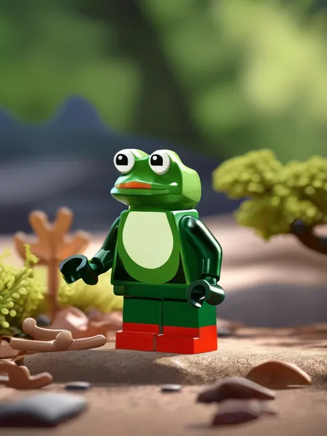 lego minifig, a photo of (pepe_frog:1.2), bokeh forest background, close-up, highly detailed, photorealistic, 8k, award winning,...