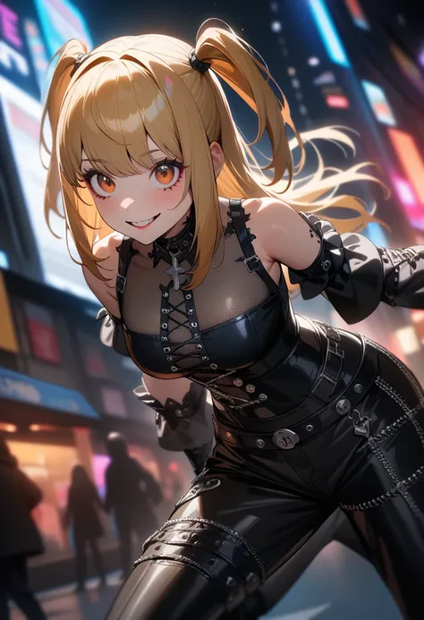 1girl,solo,amane misa, death note,super detailed skin,shiny skin,natural smile,blonde hair,sidelocks,short twintails,long hair,medium breasts,Punk Lolita,cyberpunk lolita,goth pants,masterpiece,best quality,ultra detailed,high resolution,sharp focus,depth ...