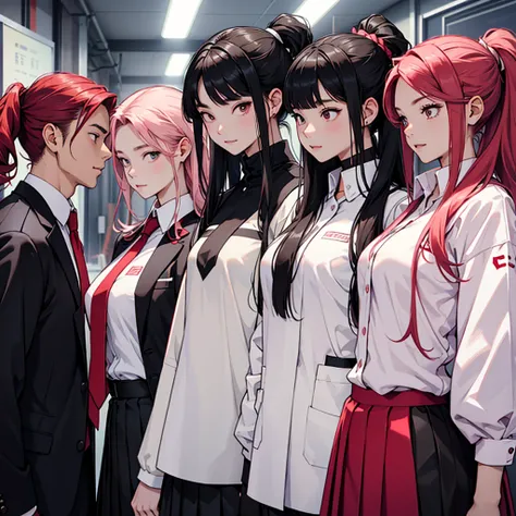 White long-haired man、White shirt、uniform、School Background、Next to me is a black-haired male vampire、The girl next to me with the pink ponytail、The girl next to me has wavy red hair、foursome、Group photo