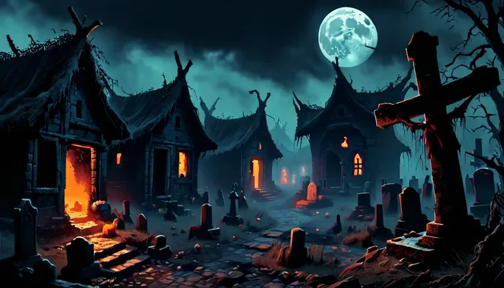 The spooky ancient village，There are graves all around，The atmosphere is terrifying，The tone is dark，