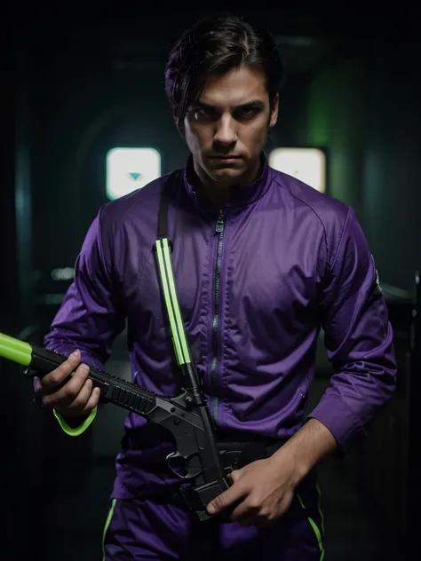 
a man in purple clothing using a lethal neon green firearm with flashes of purple and green lights on a dark background and a determined expression