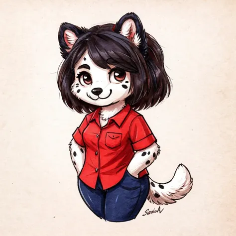 a anthropomorphic black spots and white colored fur female dog, she has dark hair, she's dressed with a blue and red colored shi...