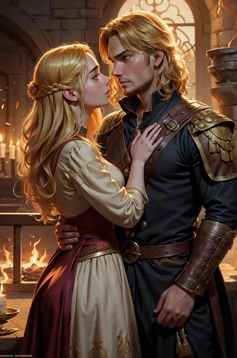 Two person 1 Luke Eisner is a prince who has golden blond hair, wears a medieval military outfit and is in love with the commoner 2 Lily Collins, who has curly blonde hair and wears a modern dress, the two kiss very affectionately, illustration of a romanc...