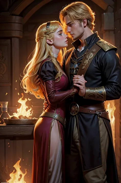 Two person 1 Luke Eisner is a prince who has golden blond hair, wears a medieval military outfit and is in love with the commoner 2 Lily Collins, who has curly blonde hair and wears a modern dress, the two kiss very affectionately, illustration of a romanc...