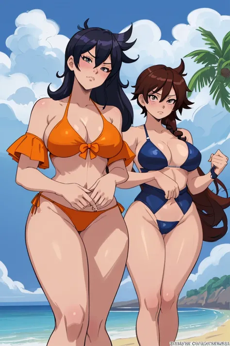 anime girl in a bikini and a  girl in a bathing suit, is wearing a swimsuit, oppai proportions, oppai, swimsuit, cel shaded!!!, overwatch tracer in a bikini, cel shaded:15, at the beach, beaching, commission for high res, thicc, commission for, fullbody co...