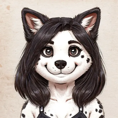 headshot of a anthropomorphic black spots and white colored fur female dog, she has dark hair, closed smile, chibi style, high quality furry art.