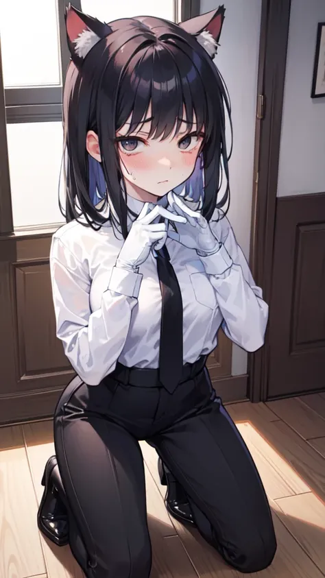 18-year-old Shota，cute，Wear a white long-sleeved shirt and a black work tie，Wear black pants，Wear black booties，Wear white gloves，wear cat ear，Wearing a collar，Black hair，Black eyes，Very thin waist，Very thin legs，Handsome，Disdainful and cold expression，shy...