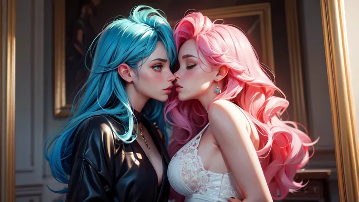 Best Quality, Masterpiece, Portrait, Perfect Anatomy, Femininity, Cool, Flawless, , Solo, Sexy, Stylish, Mature, Long Light pink Hair, Mole Above Lip, Red Lipstick, Big Breasts, Kissing Another Girl with Light blue hair,against the background of the room, ...