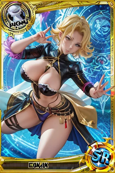 trading card of marcial artist, big breast, fight pose