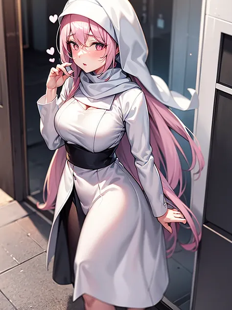 1 Girl, medium breasts, using headscarf, islamic V3, standing, in city,closed white clothes, blush, perfect hand, perfect fingers, perfect eyes, ultra resolution, full image, pink heart shaped eyes, white hair