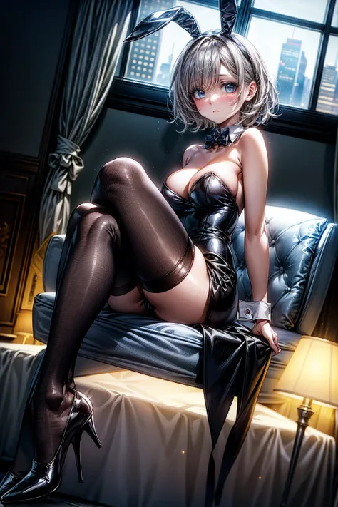 Highest quality、、(Bunny girl)、tights、High heels、Bunny Suit、Show Viewer、Angle from behind、W sitting、smile、Futuristic Living Room、indirect lighting、Room with houseplants、Illuminations of the city can be seen from the window、Night view、Silver short hair、Beaut...