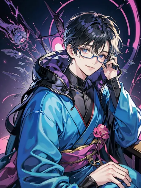 male、dark、front、kimono、cyber punk、Tinted Glasses、smile、One person、Throne、Japanese、Single color background