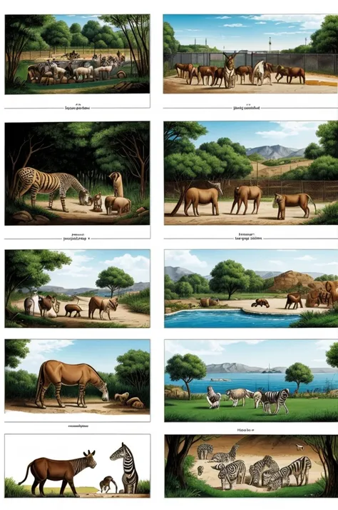 A comic of 6 pictures of animals in captivity, drawing with color and containing dialogues 