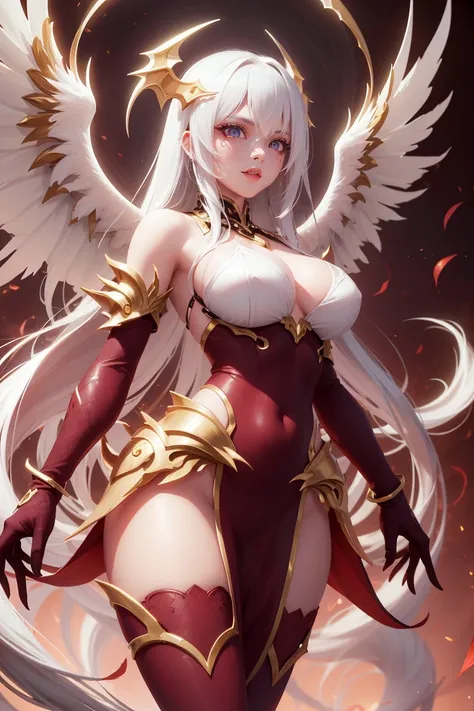 golden dragon girl with wings, White hair, perfect hands, golden shine, fictional figure body hands on waist