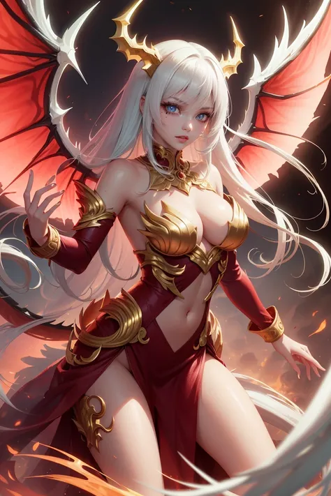 golden dragon girl with wings, White hair, perfect hands, golden shine, fictional figure body hands on waist