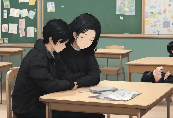 A boy, black hair, black jacket, looking at a sleeping girl, black hair, wearing a sweater, on the table, empty classroom, chibi
