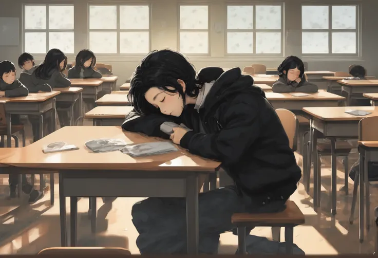 A boy, black hair, black jacket, looking at a sleeping girl, black hair, wearing a sweater, on the table, empty classroom, chibi
