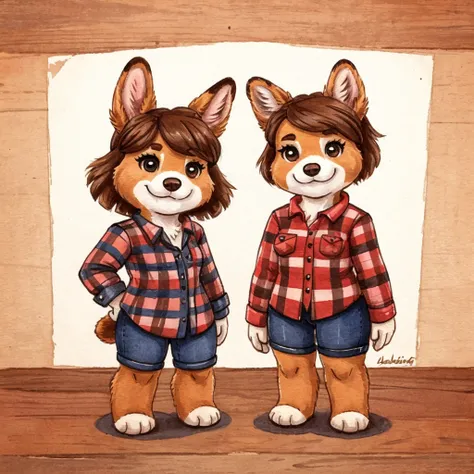 a anthropomorphic Lapinkoira, female dog, she has brown hair, shes dressed with a lumberjack shirt, closed smile, chibi style, high quality furry art.